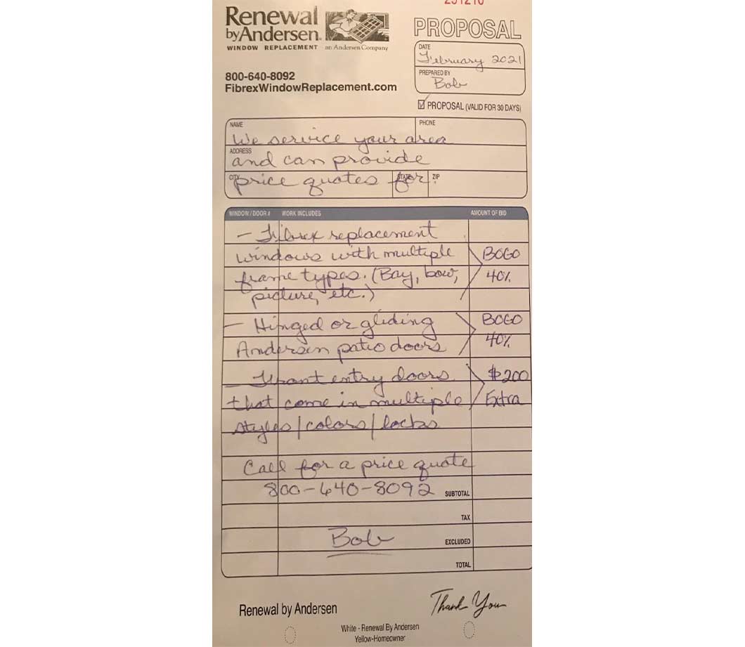 Photo of a direct mail flyer from Renewal by Andersen, which is made to appear as a handwritten estimate.