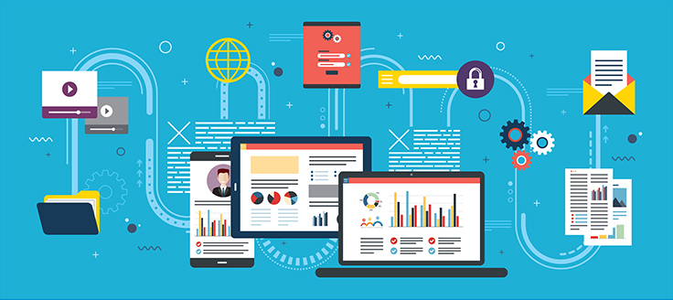 Graphic of a path of charts, graphs, videos, reports and emails. Those materials can help evaluate a business growth strategy.
