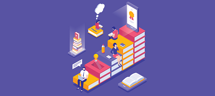 People sit on large stacks of books as they read and take inspiration from the content in this concept illustration.