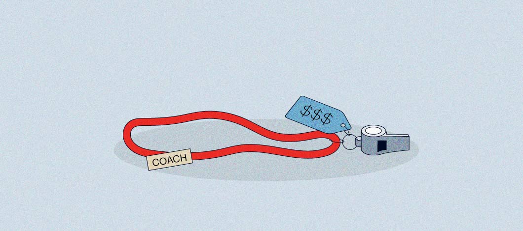 Red string for a necklace with a name tag that says “Coach.” There is also a silver whistle on the string with a price tag with 3 dollar signs on it.