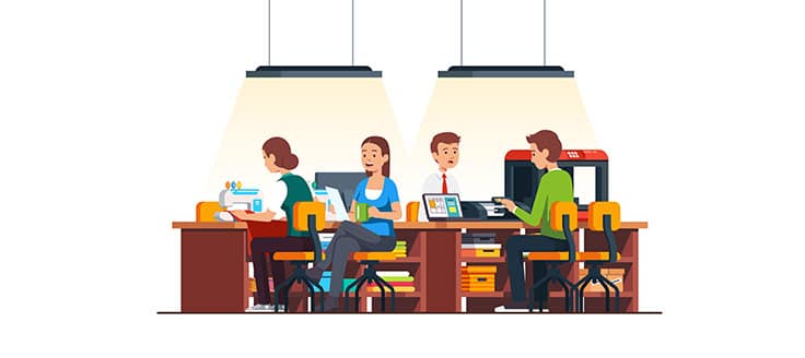 Four workers with different occupations are seated at desks. One woman is using a sewing machine. The others are office workers.