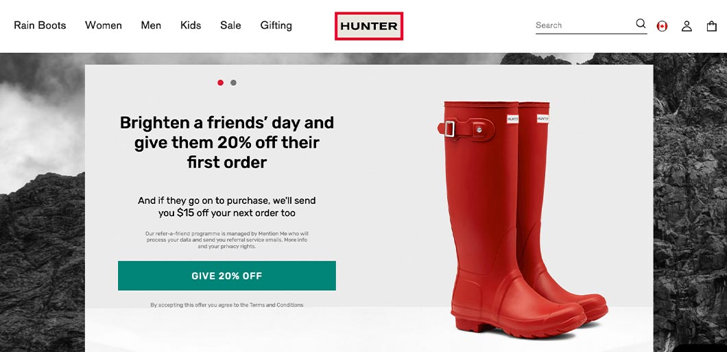 Hunter Boots gives you a 20% coupon to send to others and for each person who makes a purchase, gives you .