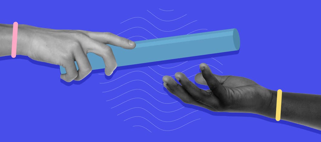 One hand is passing a baton to another hand amid a blue background