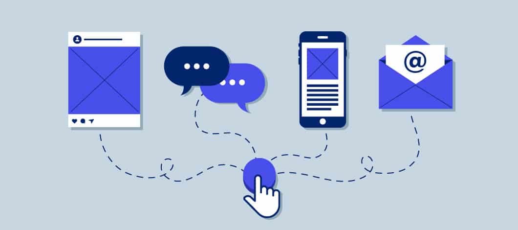 A finger presses a button delivering marketing messages via an email, texting, a social media post, etc.