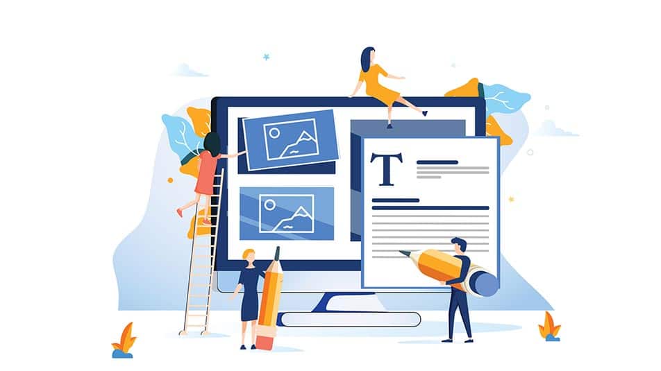 Illustration of small business owners utilizing a website builder.