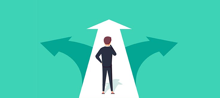 A man stands amid 3 among, each pointing in a different direction, in this concept illustration.