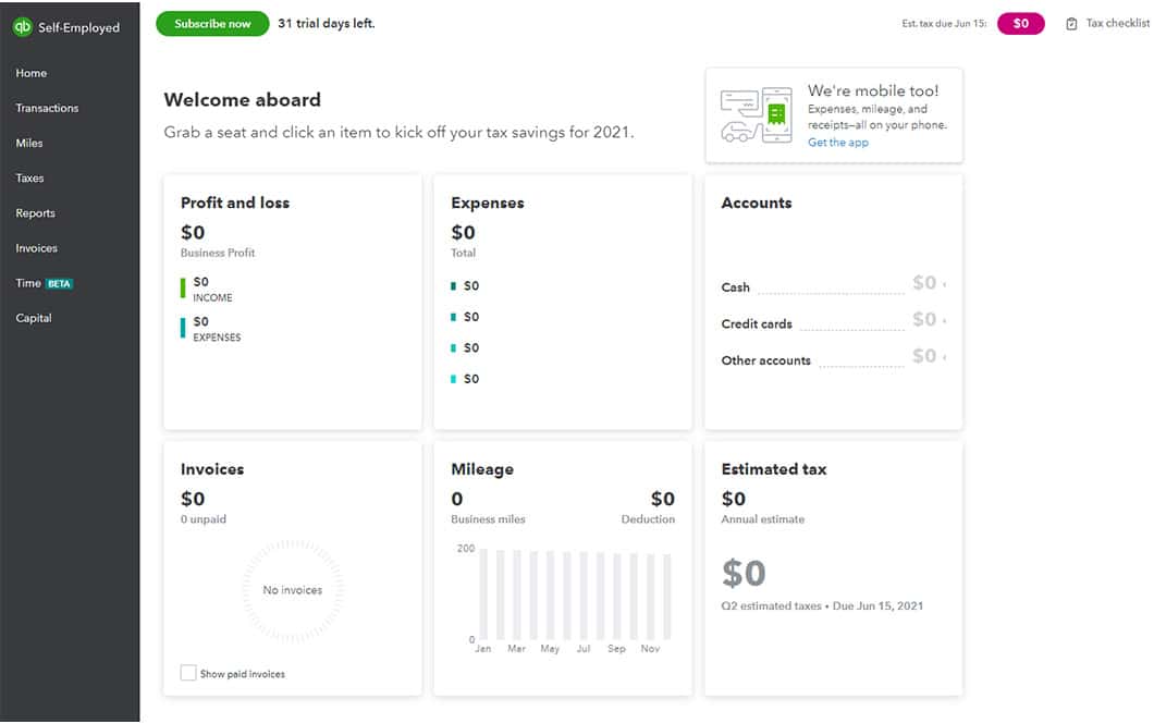QuickBooks’ Self-Employed dashboard display with menu navigation options