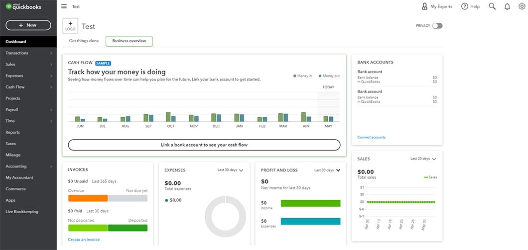Snippet of QuickBook’s online dashboard showing menu navigation options