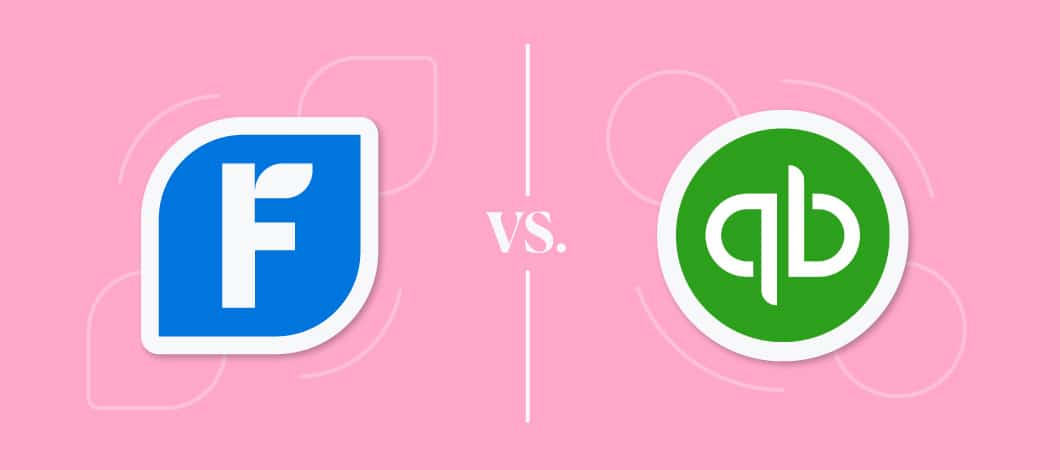 Pink background with image of FreshBooks’ logo on one side and QuickBooks’ logo on the other