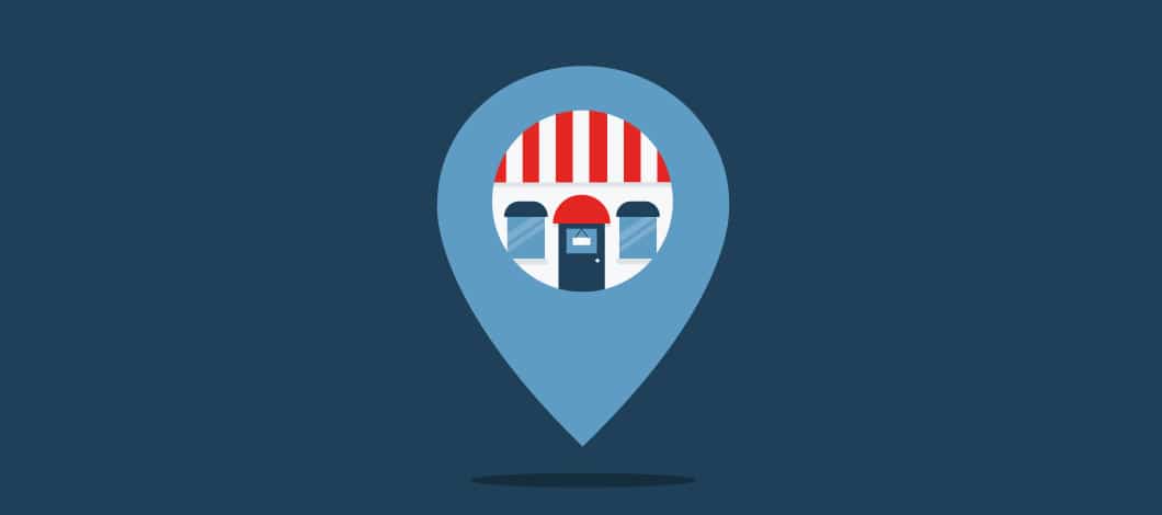 Blue background with an graphic of a storefront with a red and white awning and blue door placed inside a inverted teardrop shape.