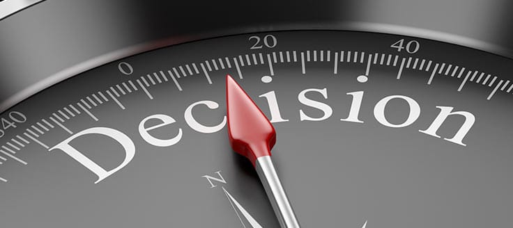 A concept photo where a compass needle points to the word "decision." Stripe vs. Square: Which is best? That depends on your needs.