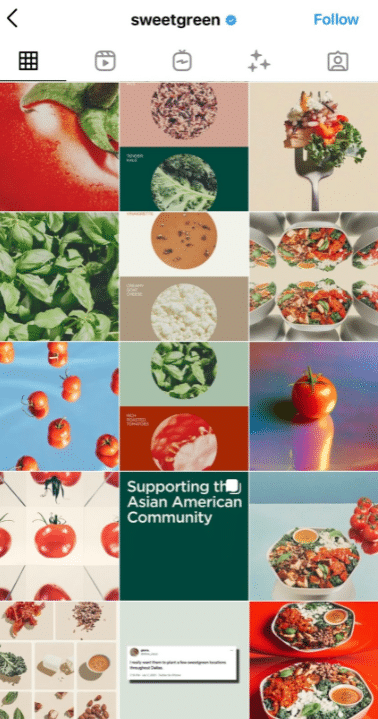 A screenshot of Sweetgreen’s Instagram profile. Share food photos and behind-the-scenes information to engage with your restaurant’s social media followers.