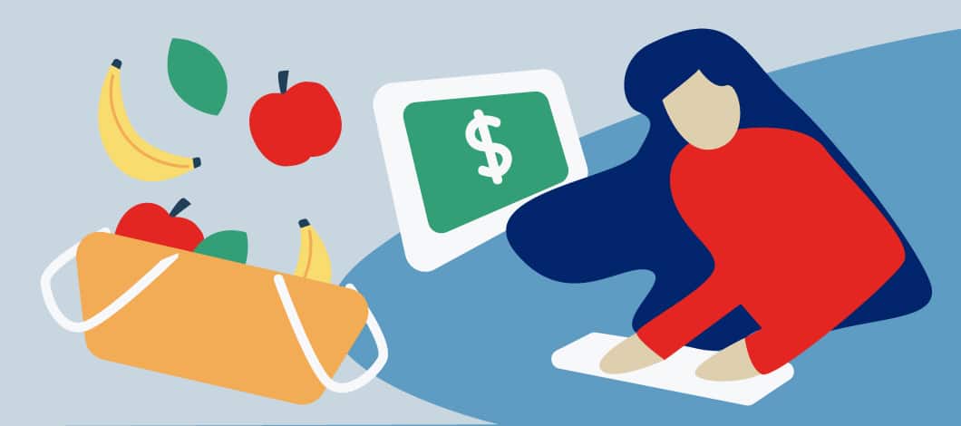 An illustration of a woman working the checkout register at a grocery store. A basket of fruit is to her left.