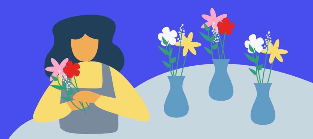 An illustration of a florist holding a small bouquet of flowers; 3 vases of flowers sit on a table to her right. Customer service quotes can inspire you and your staff as you work with the public.