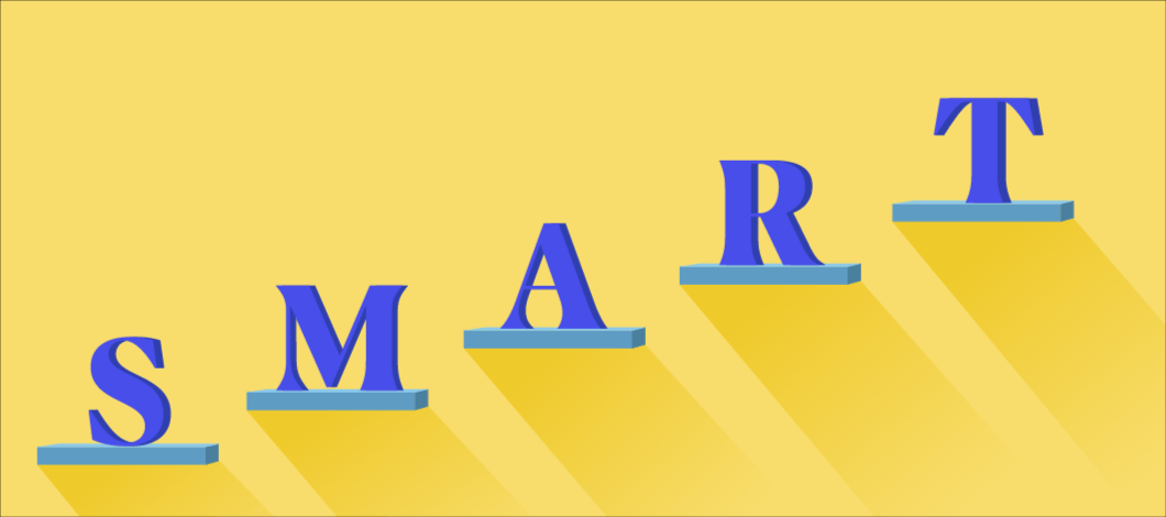 A red dot bounces along the letters “SMART.” The letters stand for “specific” “measurable” “attainable” “relevant” and “time-bound.”
