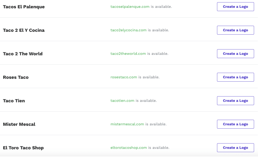 A screenshot of NameSnack’s suggested Mexican restaurant names.