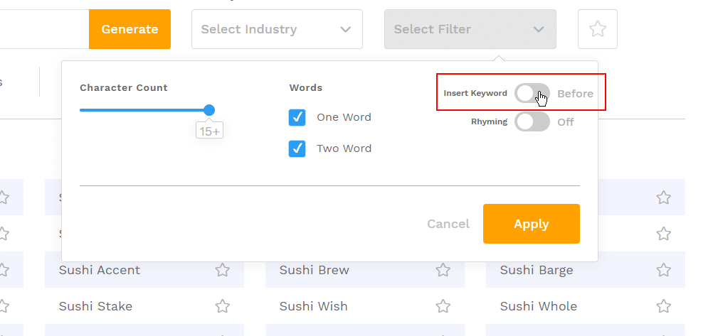 A screenshot of the options available on the Business Name Generator website.
