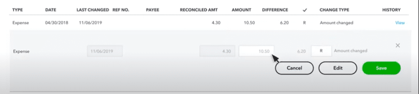 A screenshot of the expanded view of a transaction that’s been flagged as a discrepancy in QuickBooks Online.