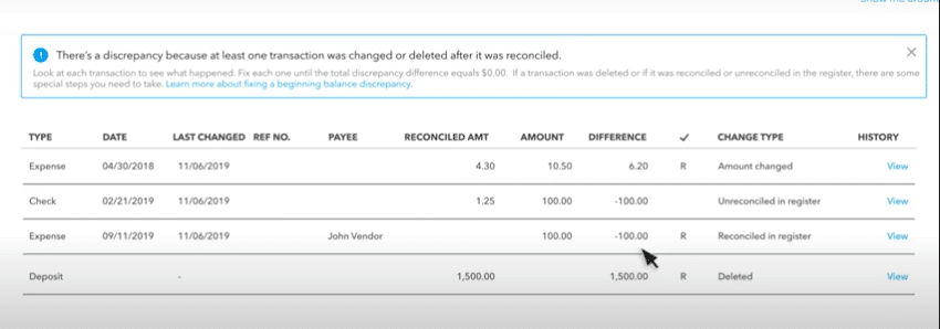 A screenshot of a report of transactions that have been changed and causing a discrepancy in your account’s beginning balance.