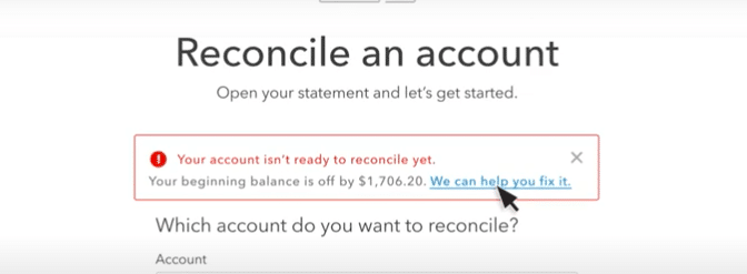 A screenshot of a warning message in QuickBooks Online, noting that your account isn’t ready for reconciliation.