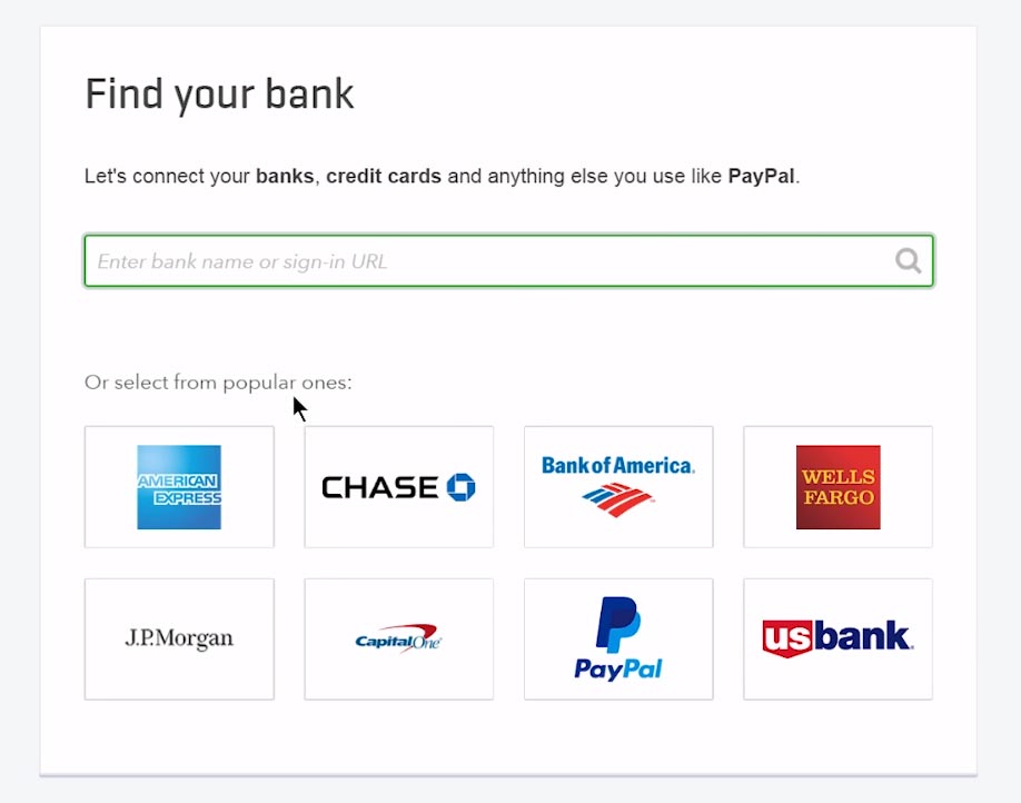 A screenshot of the QuickBooks website where you select your bank to import transactions.