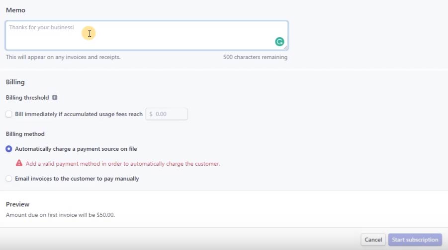 A screenshot of the Stripe website with additional fields where you can enter customer information.