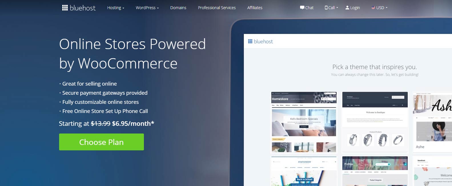 A screenshot of the BlueHost website where it lists package prices for WooCommerce.