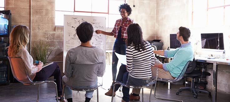A woman points to notes on a whiteboard as she makes a presentation to her co-workers.