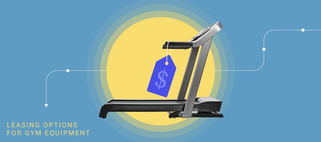 Image of a treadmill with a price tag on it and the words “Leasing Options for Gym Equipment” below