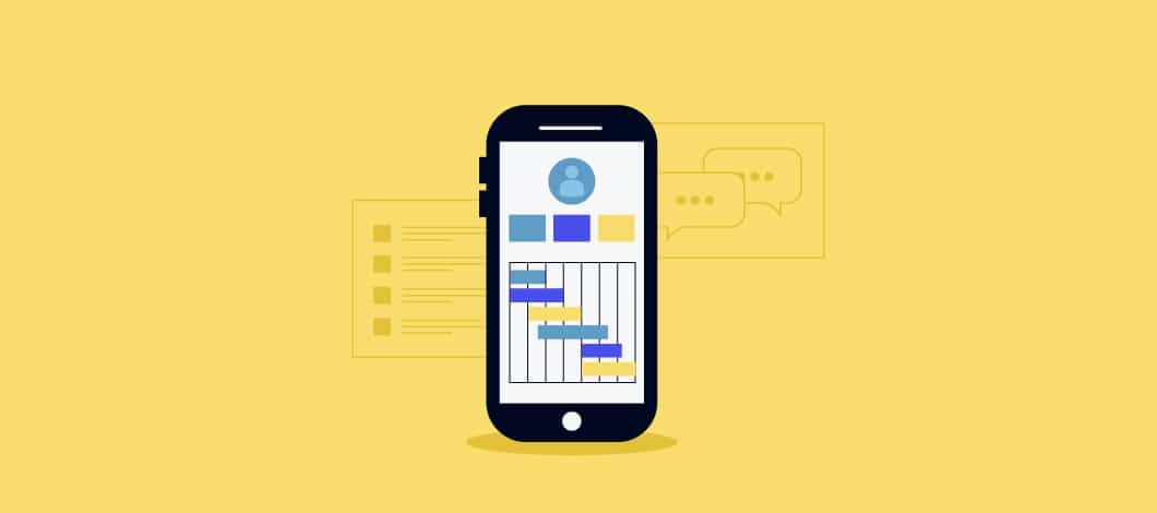 Yellow background with a cell phone showing a profile icon and bar chart on the screen