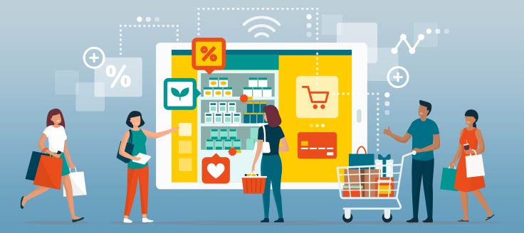 Illustration of shoppers purchasing items in store and online