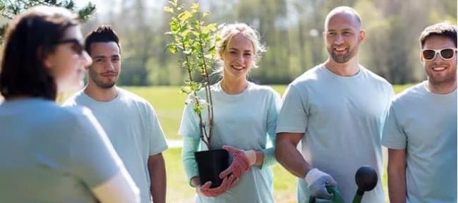 Volunteers prepare to plant a tree. In a charity partnership, your employees could work with the nonprofit's staff.