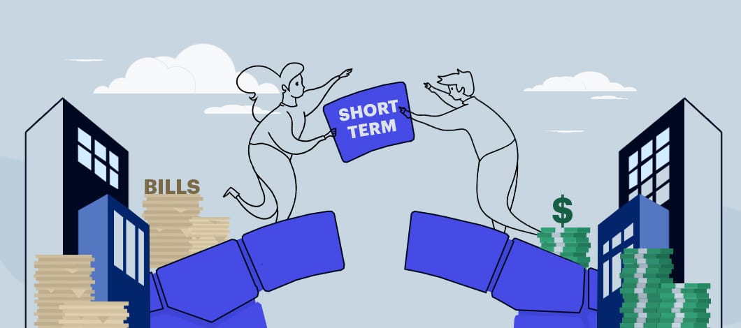 Two people standing on a bridge with a hole in the middle, one on either side, both holding onto a keystone to close the gap. Bills are on the left; stacks of money are on the right.