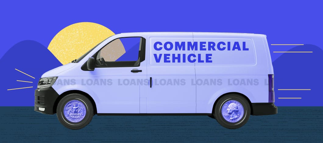 Blue background with a moving van showing the words “commercial vehicle loans” on it with quarters as wheels.