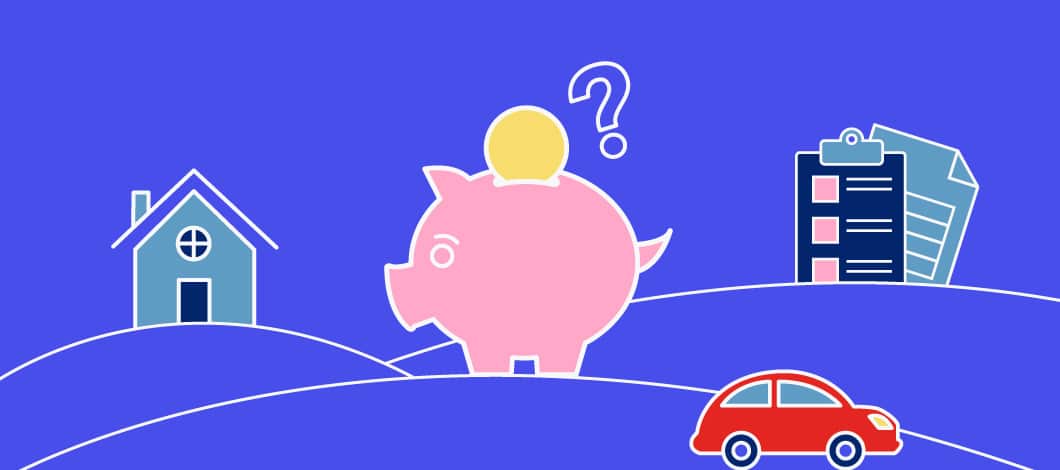 House, car, paperwork, and piggy bank on hills