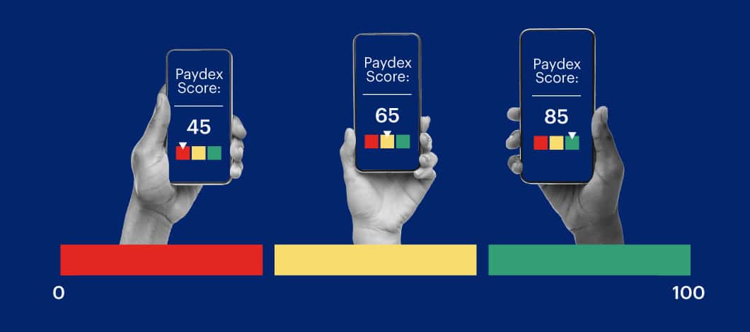 Three different hands holding smart phones showing different paydex scores