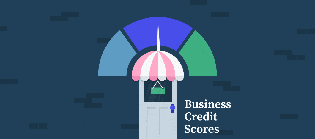 Blue background with storefront door and awning with a moving speedometer graphic above and the words “Business Credit Scores”