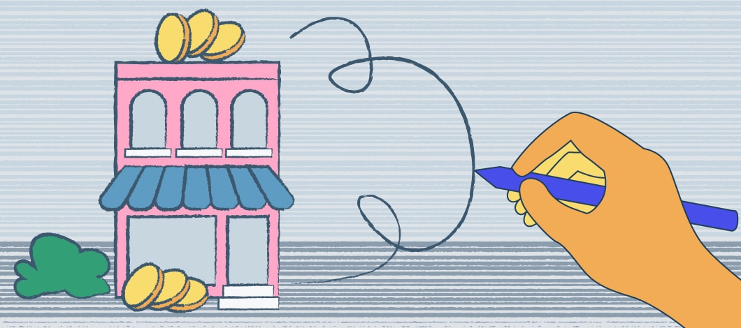 Person drawing shop front with coins in front and on top