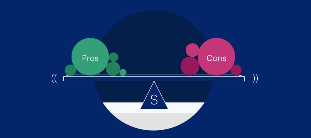 Ball with the word pros on one end of a balance and another with the word cons, balancing on a triangle with a dollar sign