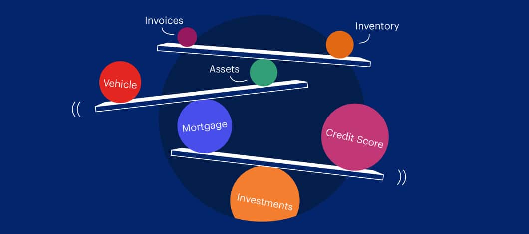 Various balances holding balls of different sizes with different words in each, such as invoices, vehicle and inventory