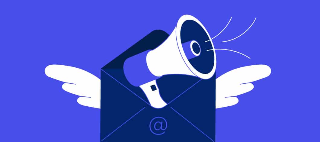 A torso of a person shouting from a bullhorn pops out of an email envelope.