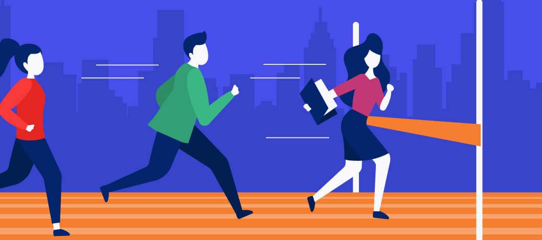 A female business owner wins the race, beating other business owners.