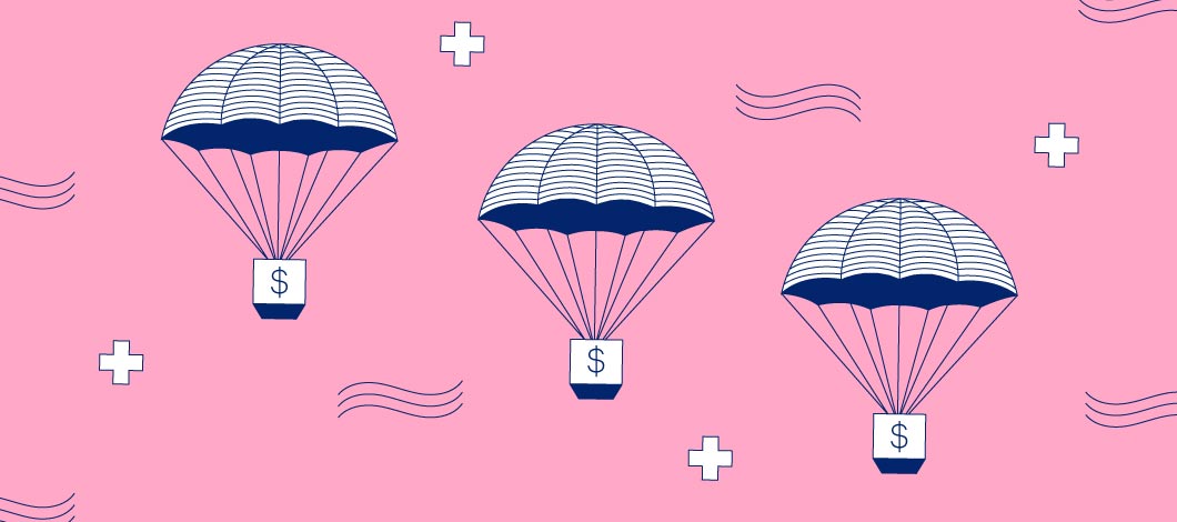 Pink background with 3 parachutes each with a dollar sign on it