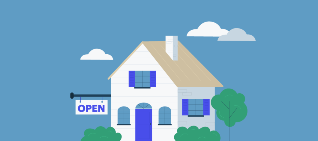 House with open sign in front and internet symbol
