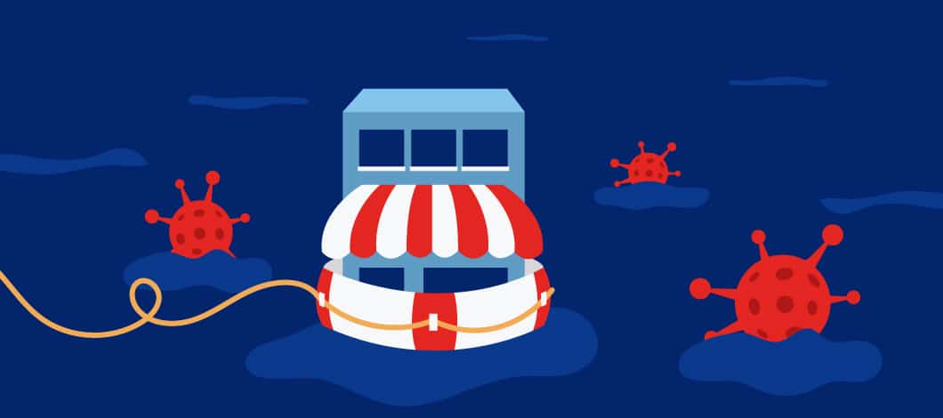 A small shop floats in a sea of COVID-19 with the help of a lifebuoy.