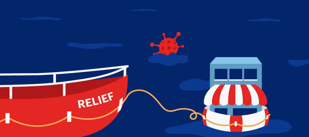 A rescue ship labeled “Relief” tows a lifebuoy-wearing small shop through a sea of COVID-19.
