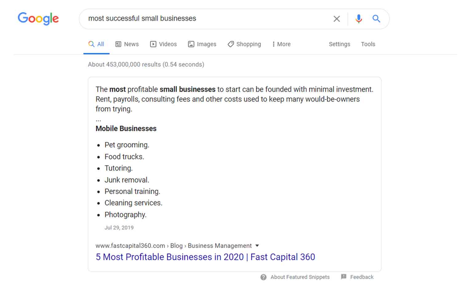 A Google snippet for the long-tail keyword “most successful small businesses, ranked for by iBusinessLender.