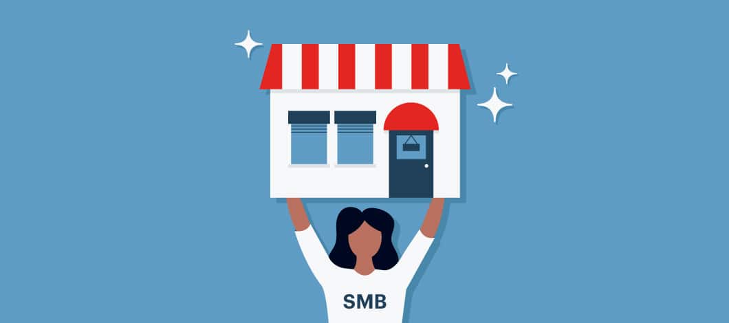 A small businesswoman with an “SMB” logo on her chest hoists her shop above her head.