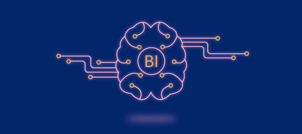 A digital brain is labeled “BI” for business intelligence.