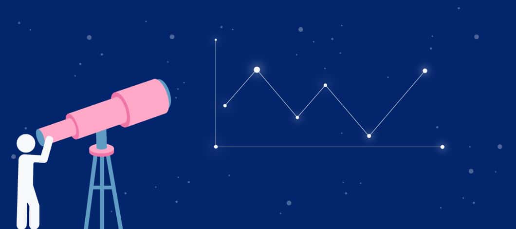 A person peers into a telescope pointed at stars that form a constellation of a bar chart.